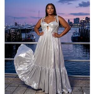 Jovani Corset Gown Size 22 Silver Metallic Sweetheart Bow Strap Prom Gala Bridal